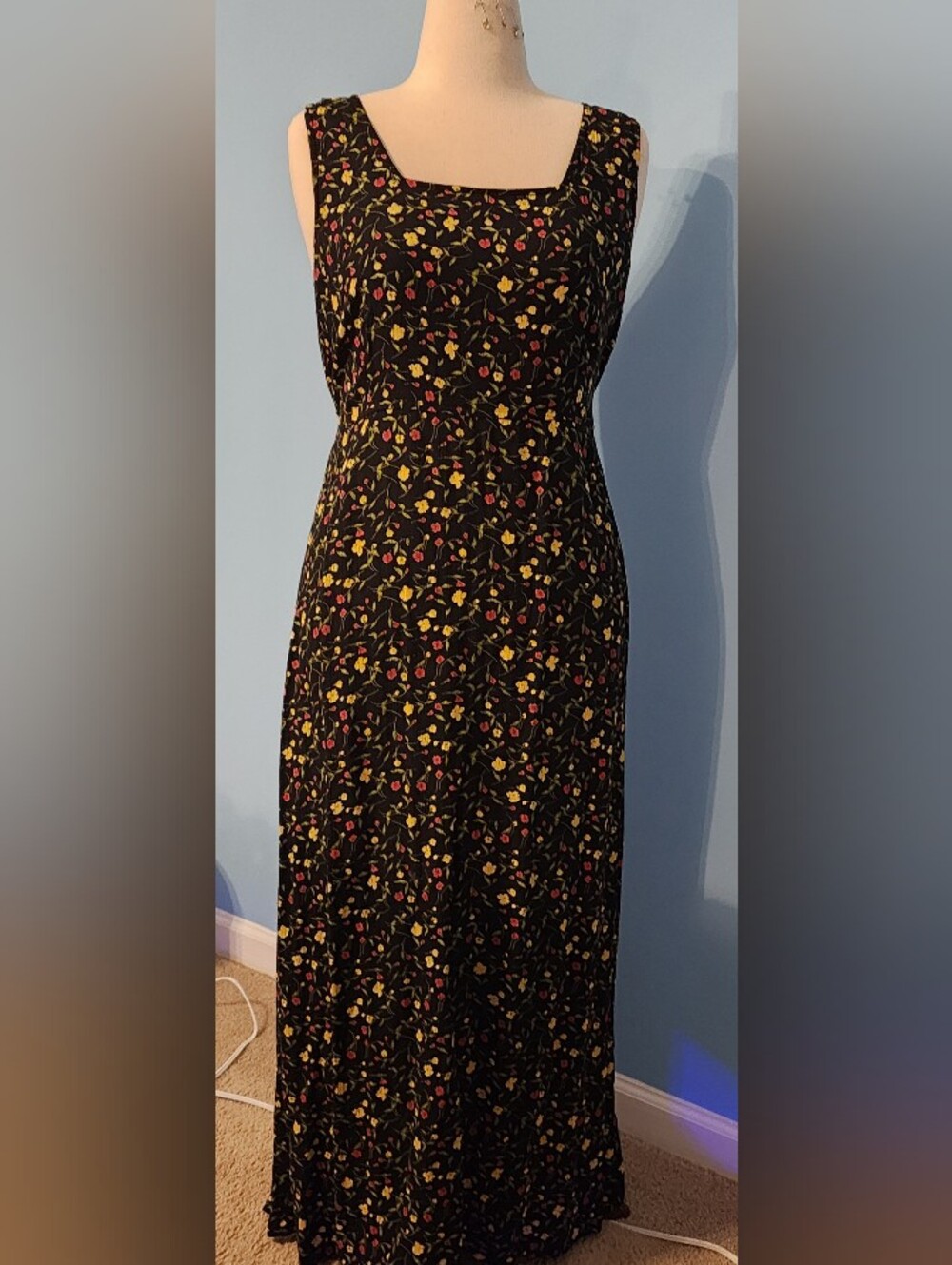 Robbie Bee Black Maxi Dress with Yellow and Red Floral Print